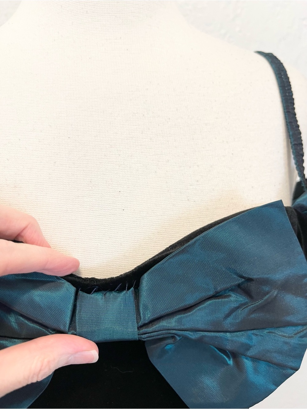 Vintage Mini Dress Black Velvet Teal Blue Taffeta Ruffle HOCO 9 Medium - Picture 3 of 14